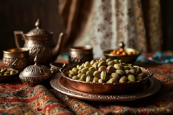 پسته احمد آقایی در ظرف سنتی در سفره ترمه (AI)